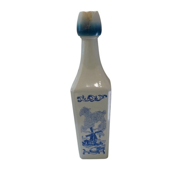 Vintage Vandermint Delft Windmill Tulip Blue White Milk Glass Liqueur Bottle Hol - Picture 8 of 12